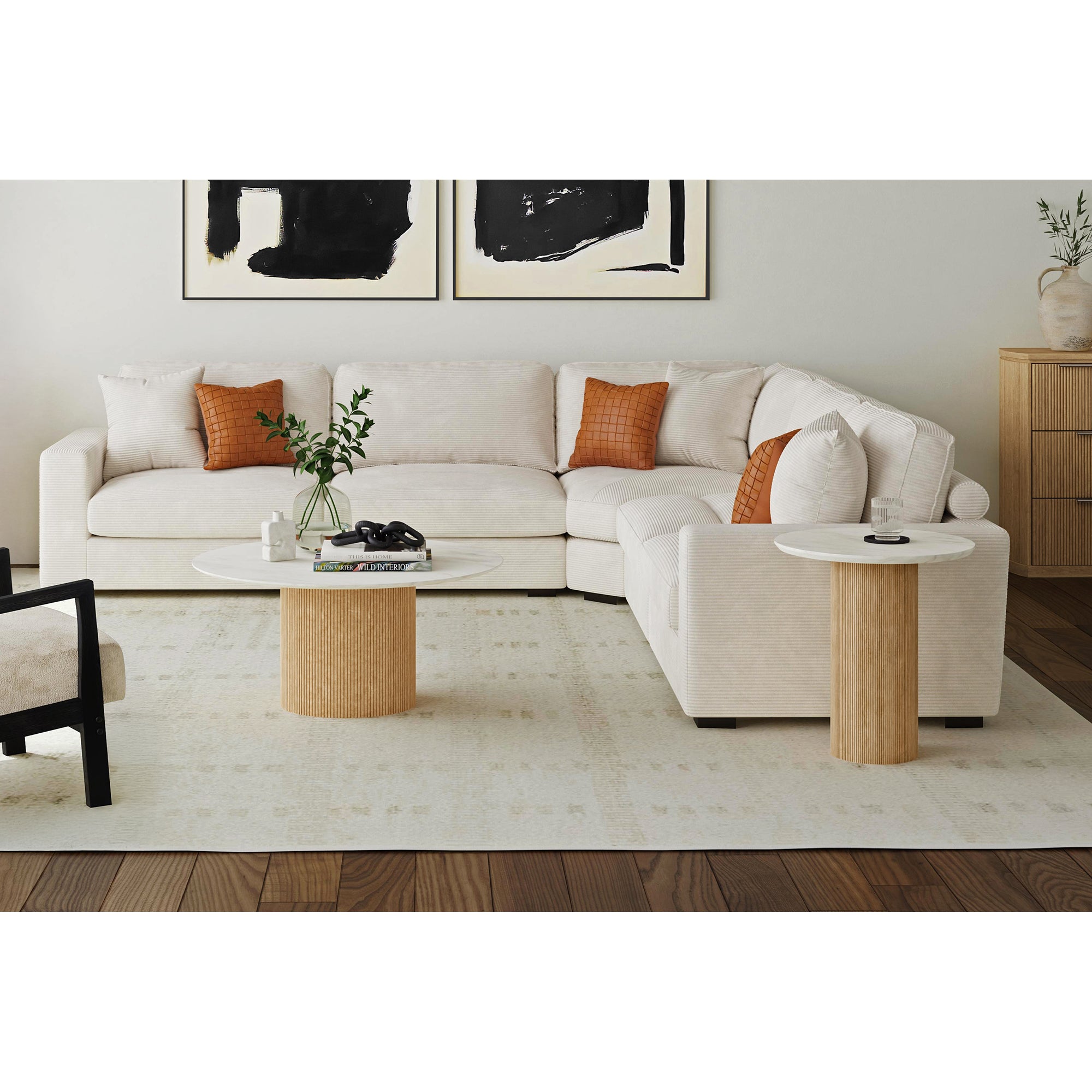 Sylvie Round End Table with White Faux Marble Top and Base in Natural