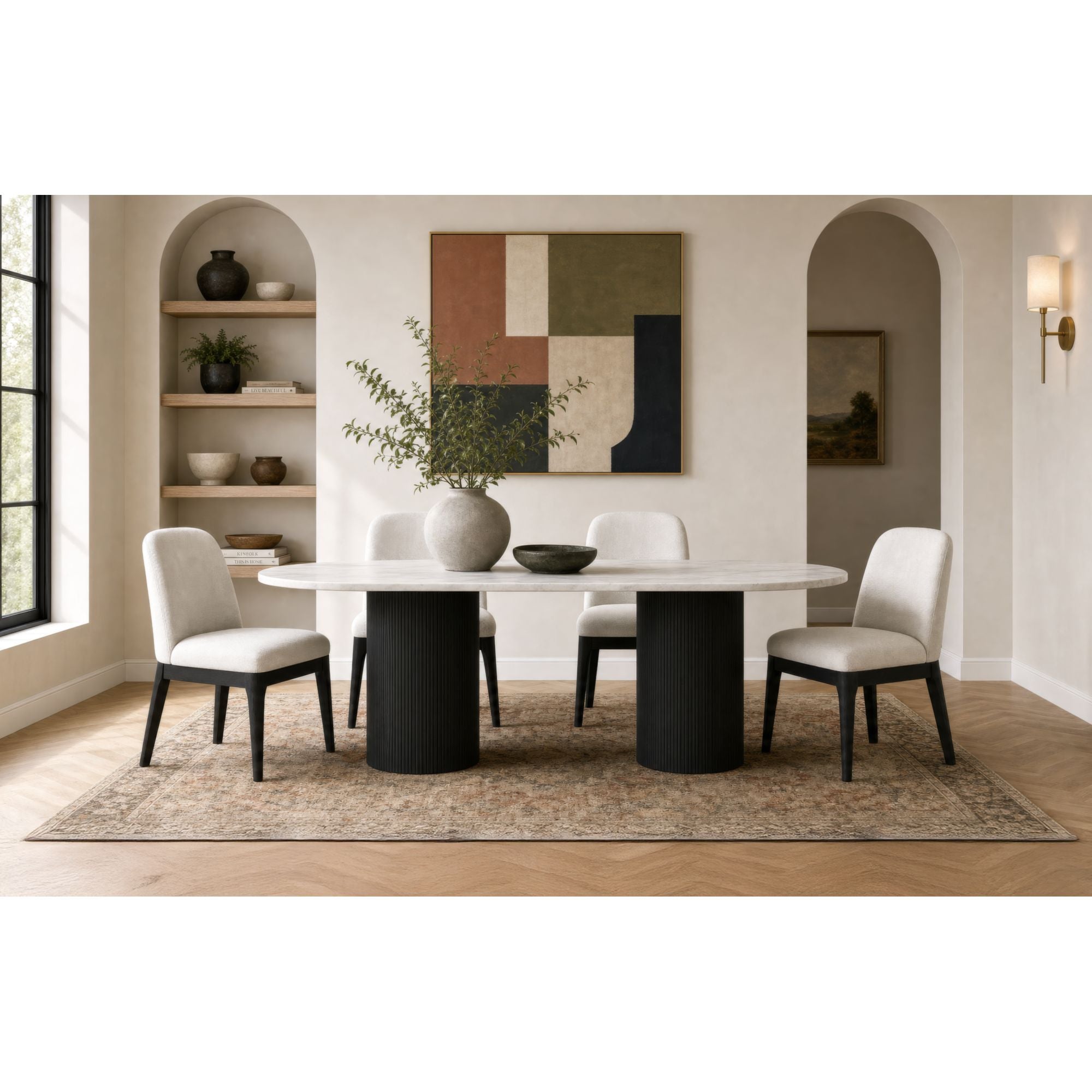 Sylvie Dining Side Chair with White Fabric in Black with Grain (2 Per Carton)
