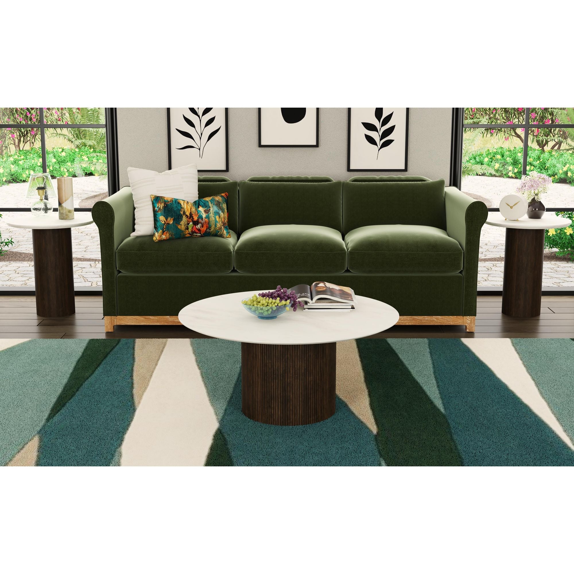 Sylvie Round End Table with White Faux Marble Top and Base in Dark Brown – SKU T-16000-5-RET | Elements