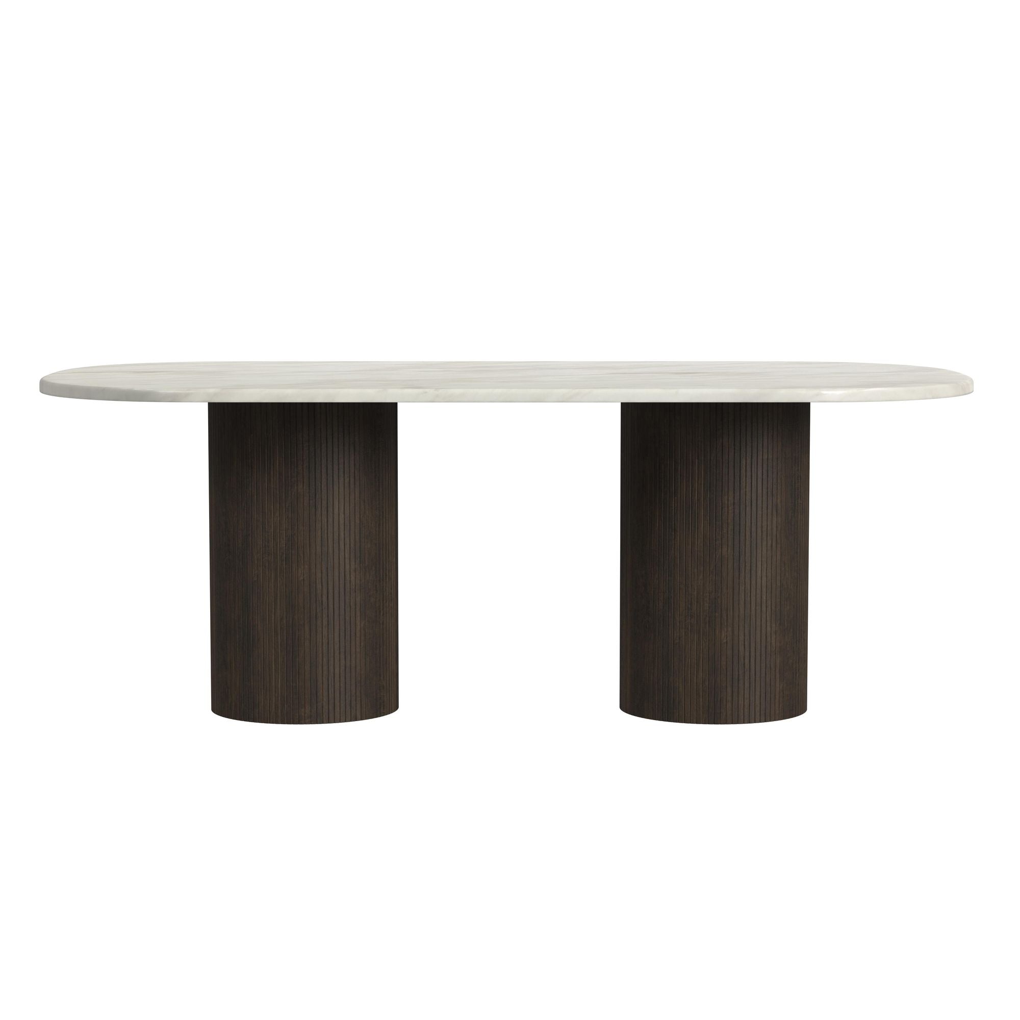 Sylvie Oval Dining Table with White Faux Marble Top in Dark Brown