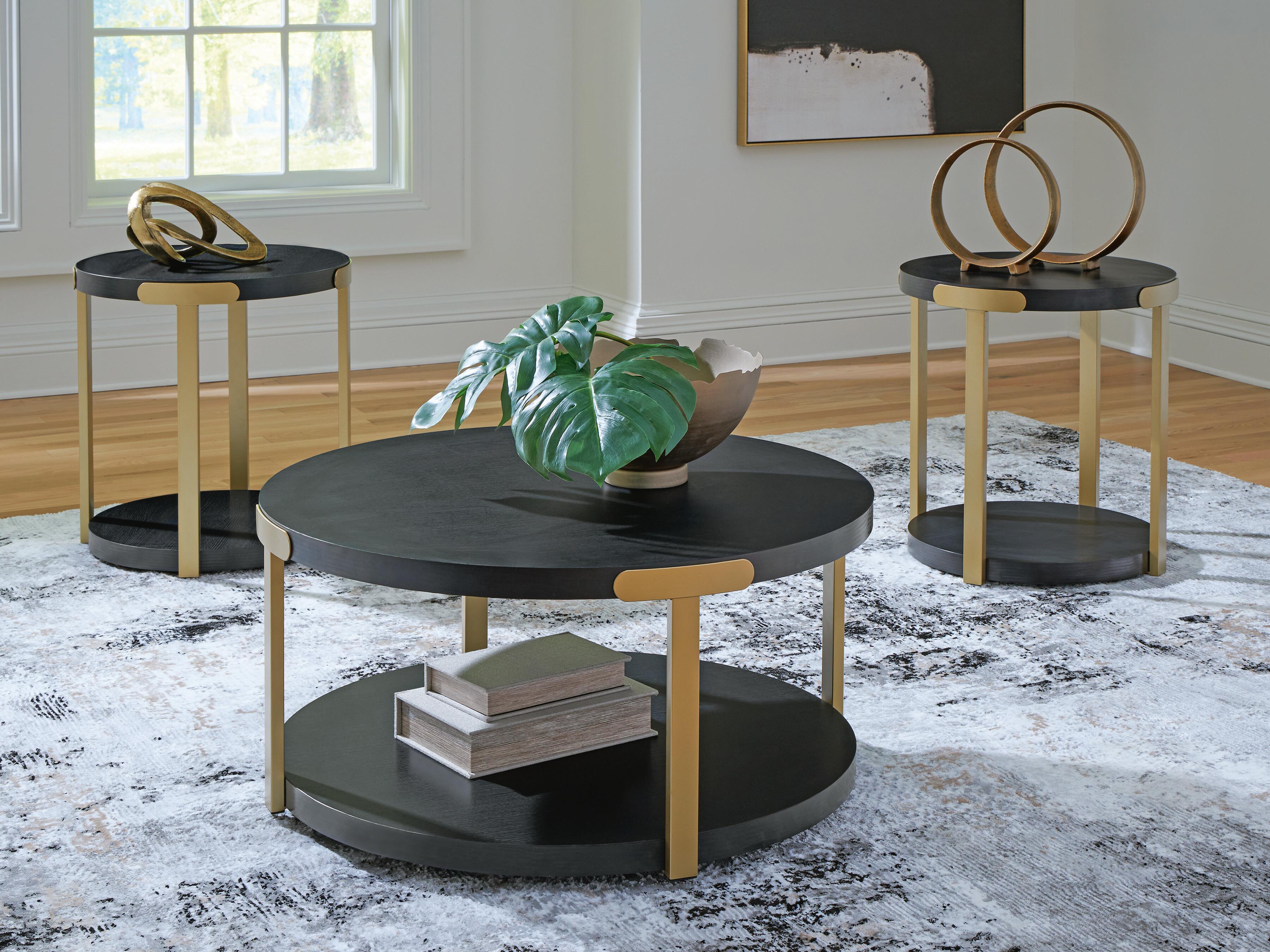 Dar Furniture - Ashley Furniture - Shylore Table (Set of 3) - Occasional Table Set (3/CN) / Black/Brass Finish - T410-13