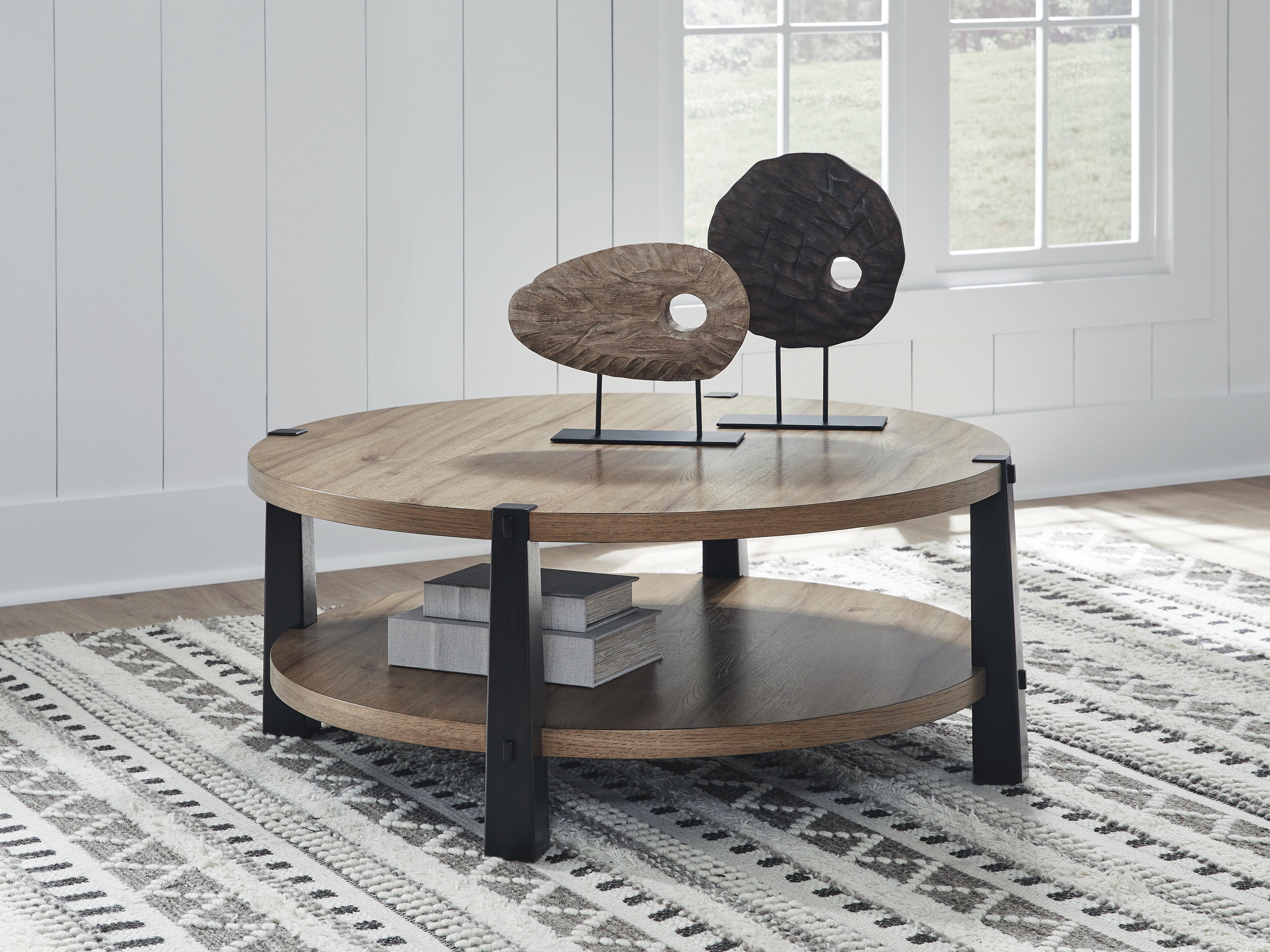 Dar Furniture - Ashley Furniture - Ridgester Coffee Table - Round Cocktail Table / Light Brown/Black - T518-8
