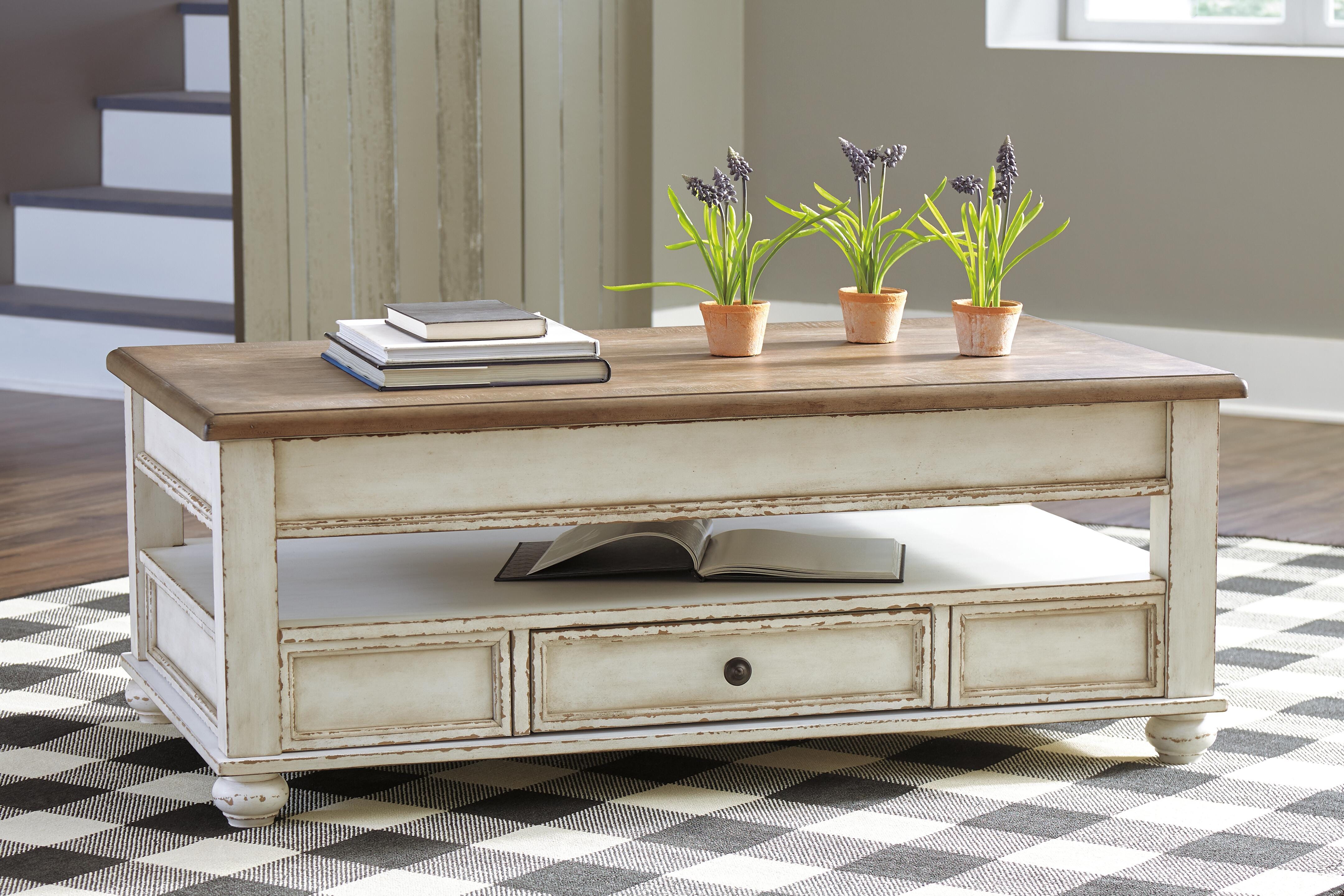 Dar Furniture - Ashley Furniture - Realyn Coffee Table with Lift Top - Lift Top Cocktail Table / White/Brown - T523-9