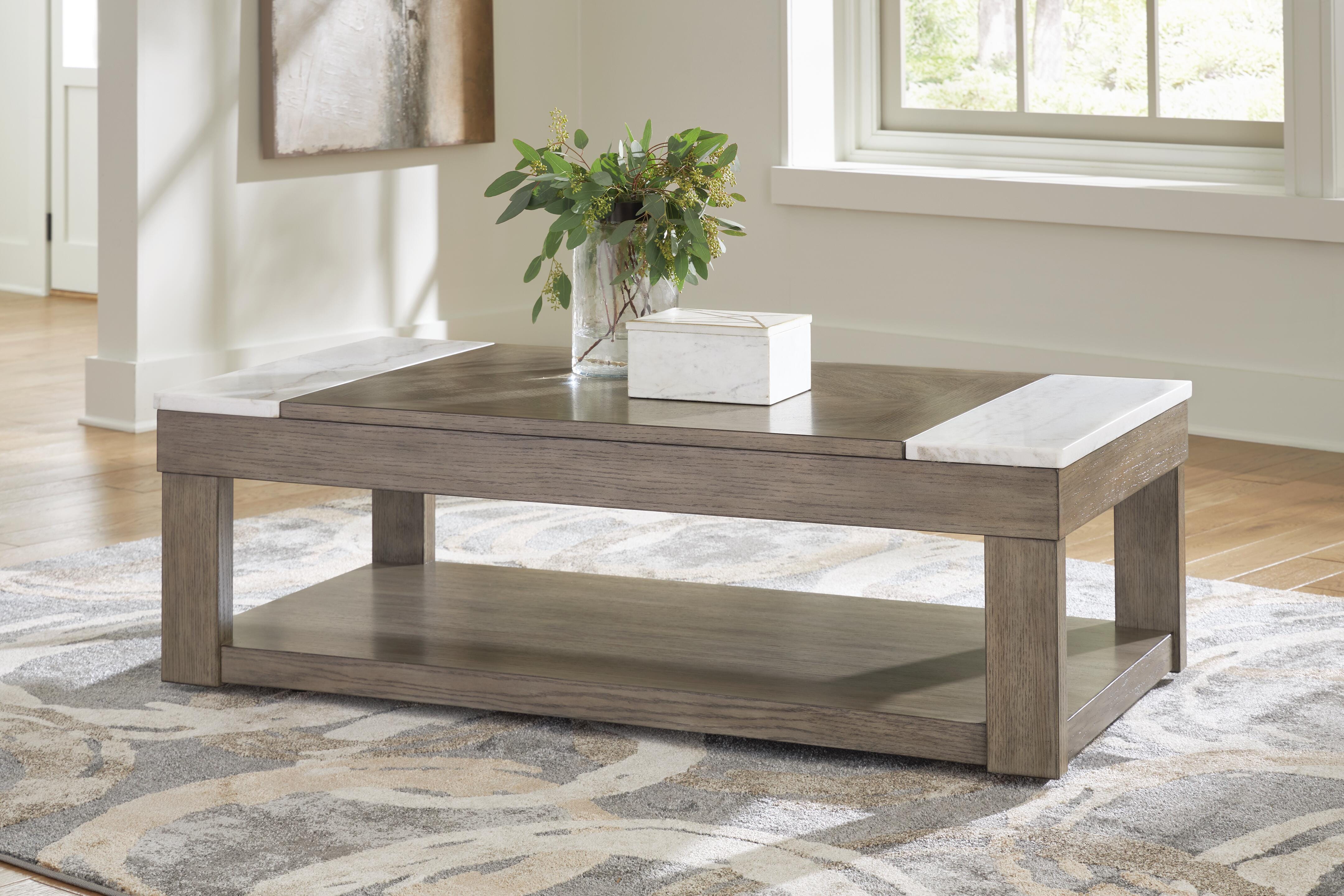 Dar Furniture - Ashley Furniture - Loyaska Lift-Top Coffee Table - Lift Top Cocktail Table / Grayish Brown/White - T854-9
