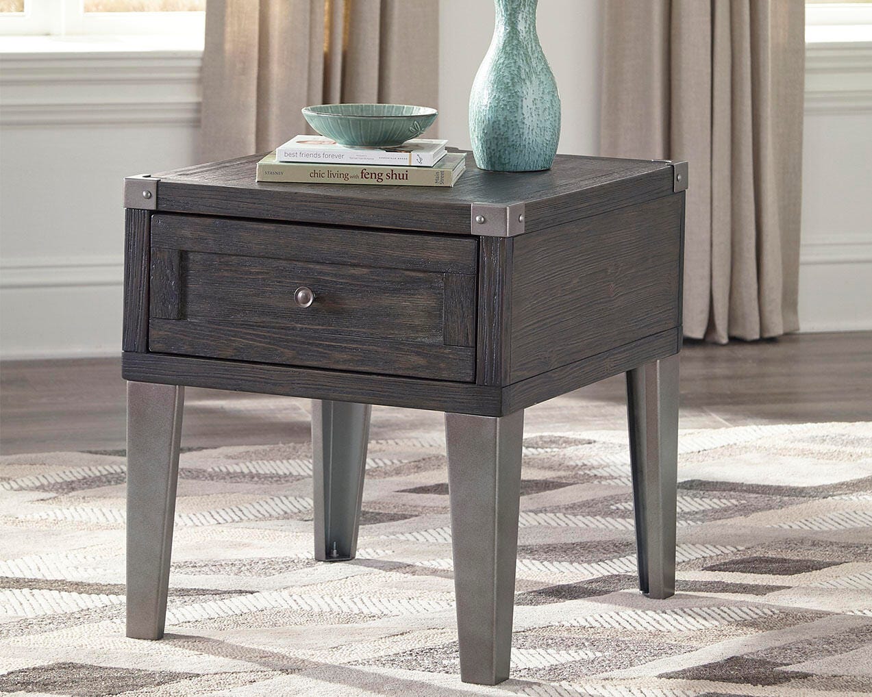 Dar Furniture - Ashley Furniture - Todoe End Table with USB Ports & Outlets - Rectangular End Table / Dark Gray - T901-3
