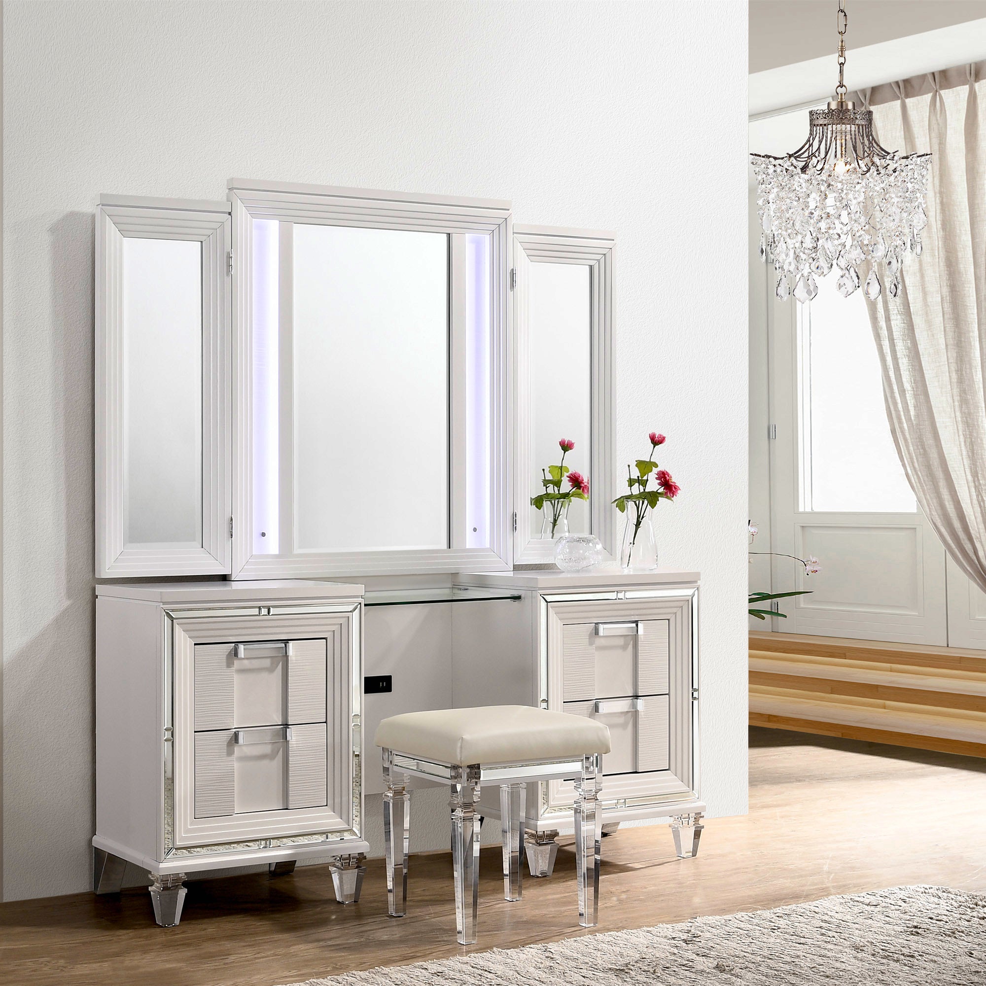 Twenty Nine Dressing Set w/LED & USB Plug in White with Stool – SKU TN700VT | Elements
