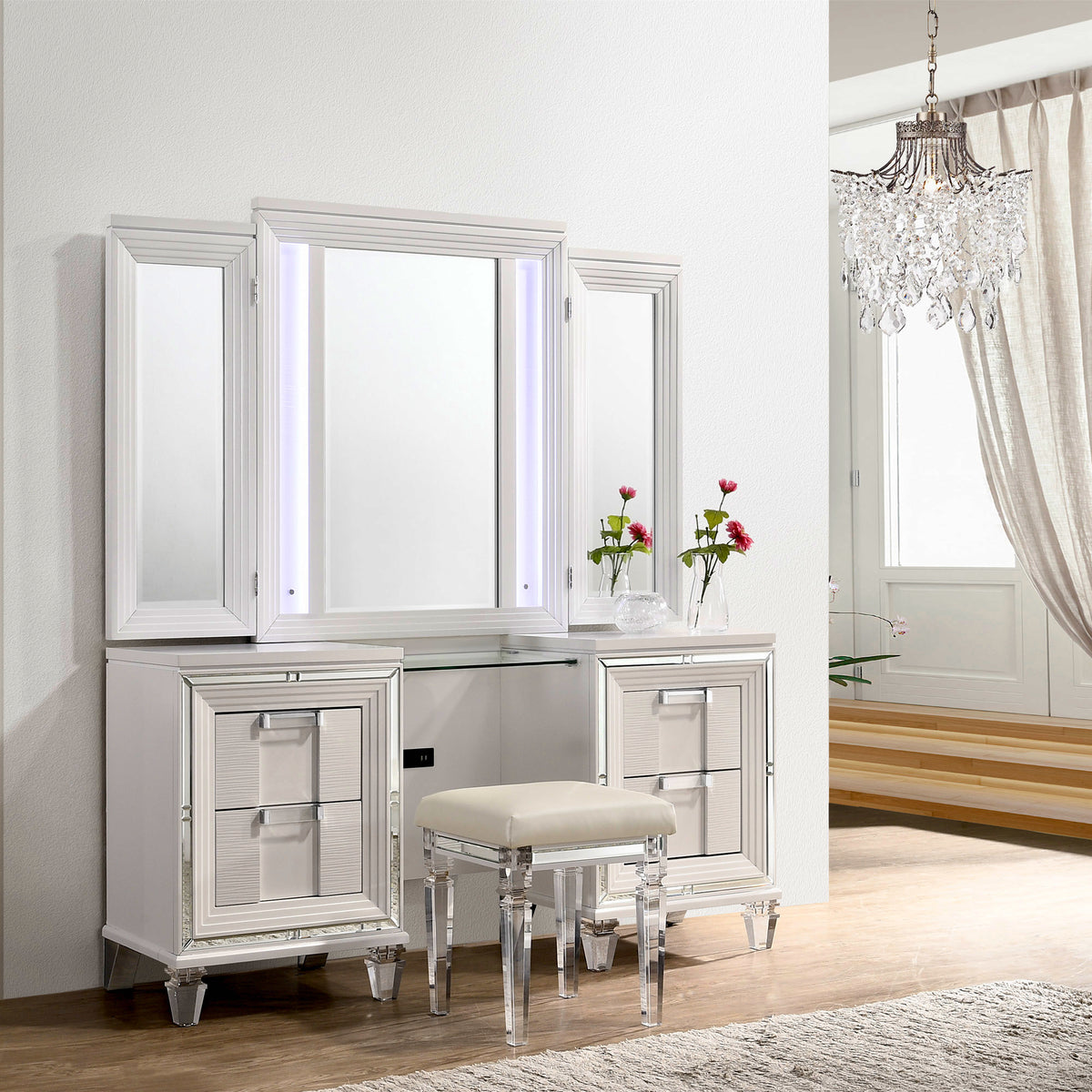 Twenty Nine Dressing Set w/LED & USB Plug in White with Stool – SKU TN700VT | Elements