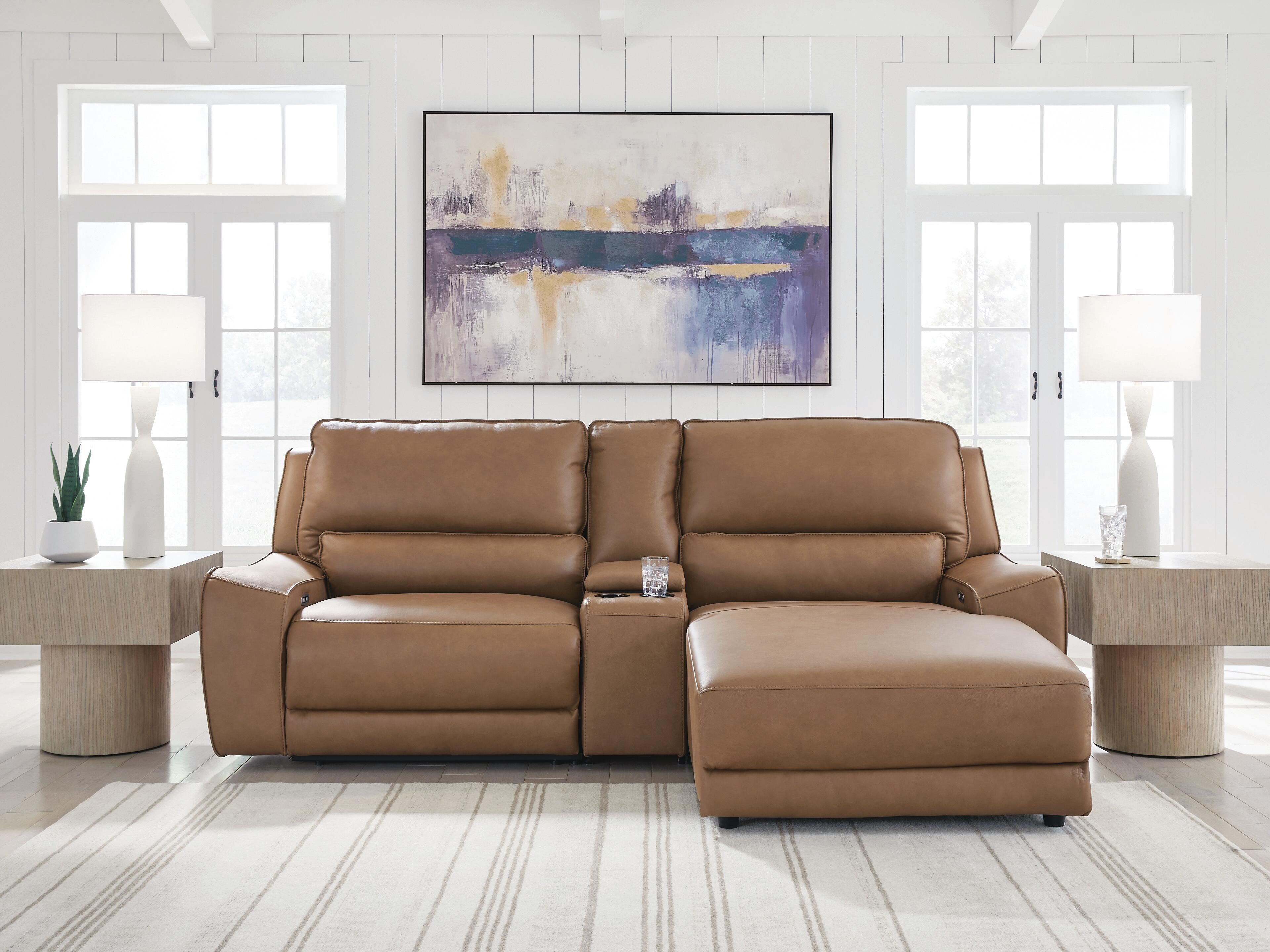 Dar Furniture - Ashley Furniture - DeepWakes 3-Piece Power Reclining Sectional with Chaise - 3-Piece Power Reclining Sectional with Chaise / Caramel - PCU62606S4