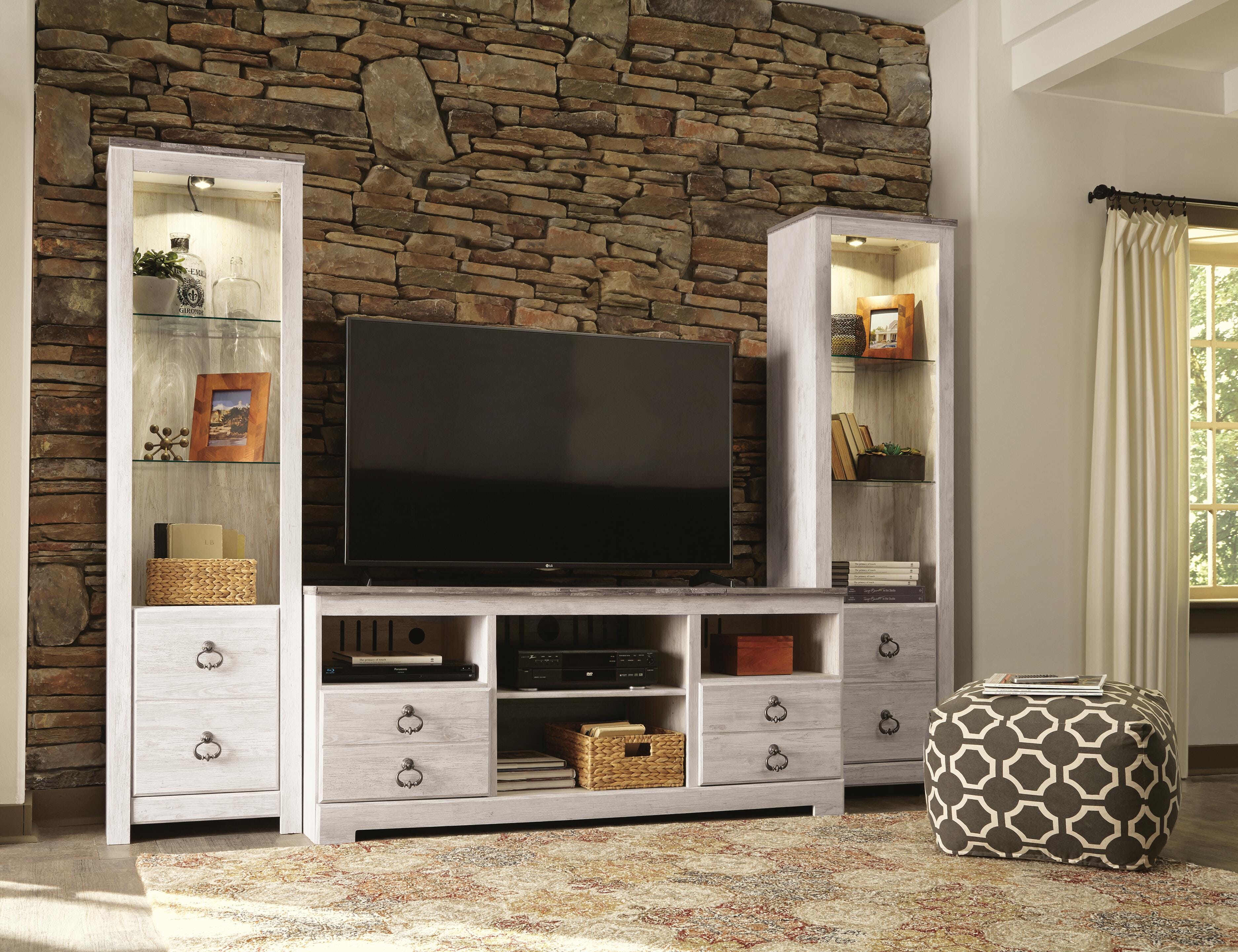 Dar Furniture - Ashley Furniture - Willowton 3-Piece Entertainment Center - 3-Piece Entertainment Center / Whitewash - W267W16