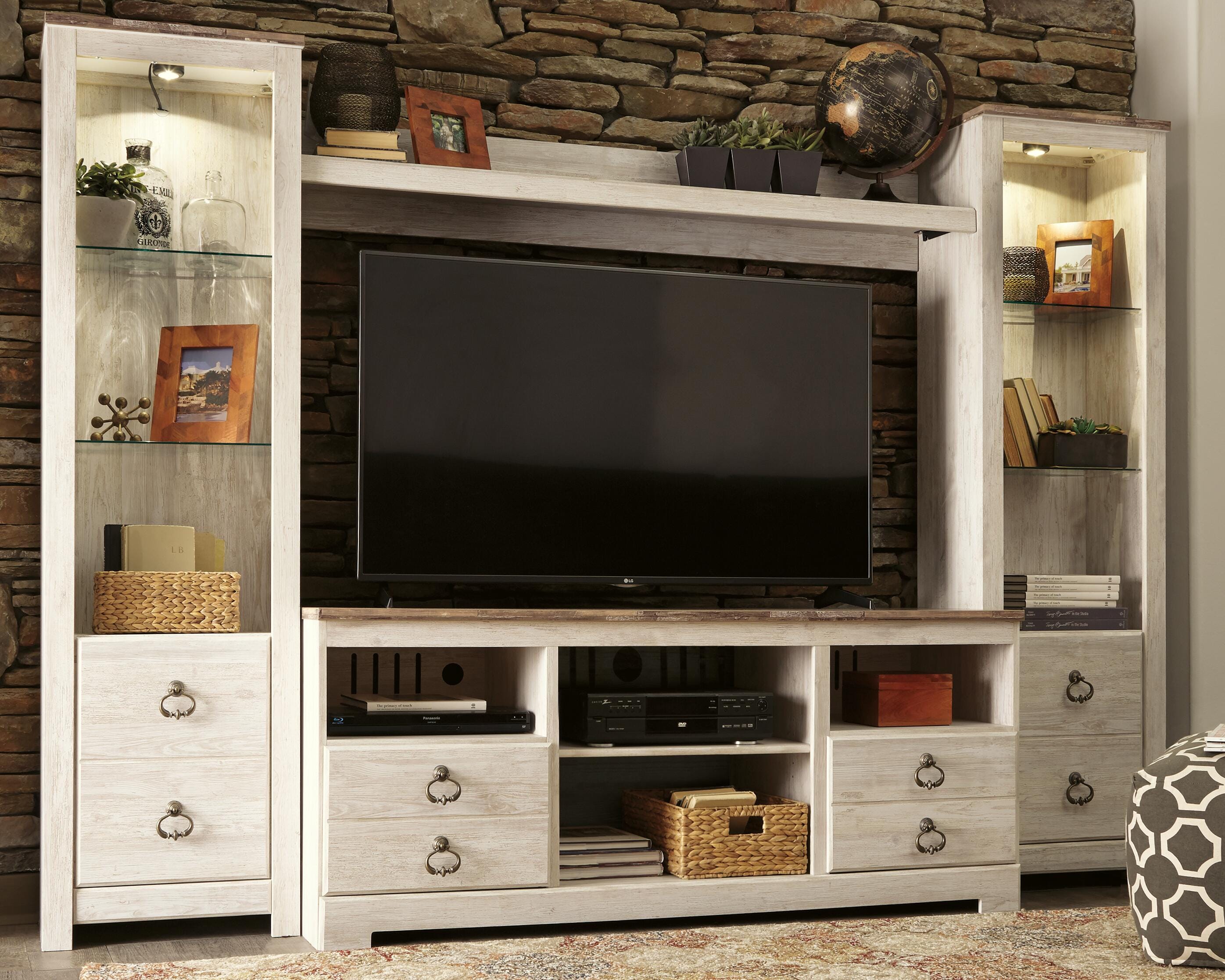 Dar Furniture - Ashley Furniture - Willowton 4-Piece Entertainment Center - 4-Piece Entertainment Center / Whitewash - W267W3