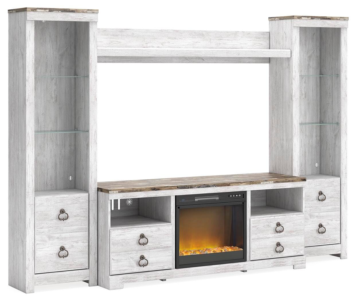 Dar Furniture - Ashley Furniture - Willowton 4-Piece Entertainment Center with Electric Fireplace - 4-Piece Entertainment Center with Electric Fireplace / Whitewash - W267W4