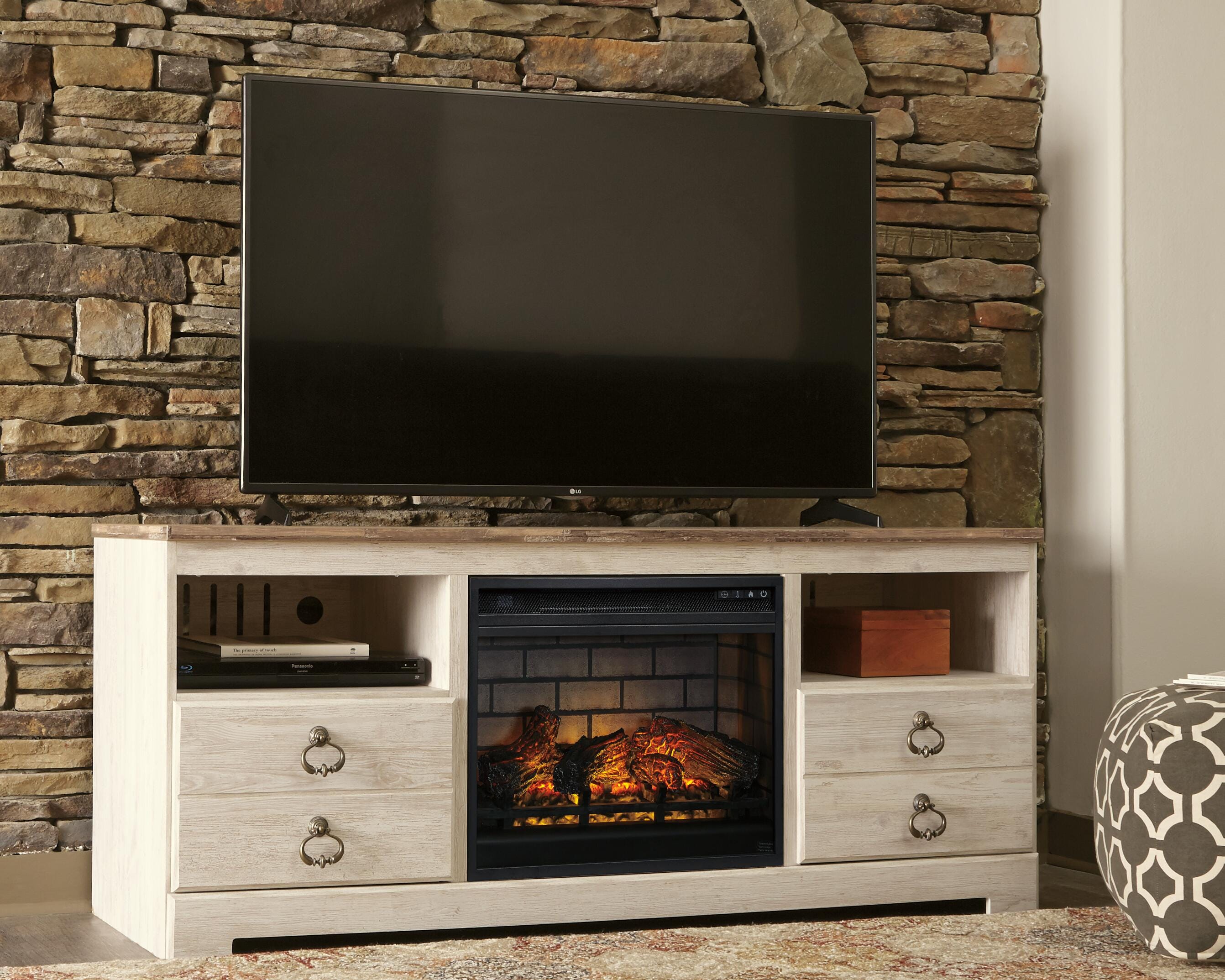 Dar Furniture - Ashley Furniture - Willowton 64" TV Stand with Electric Fireplace - 64" TV Stand with Electric Fireplace / Whitewash - W267W8