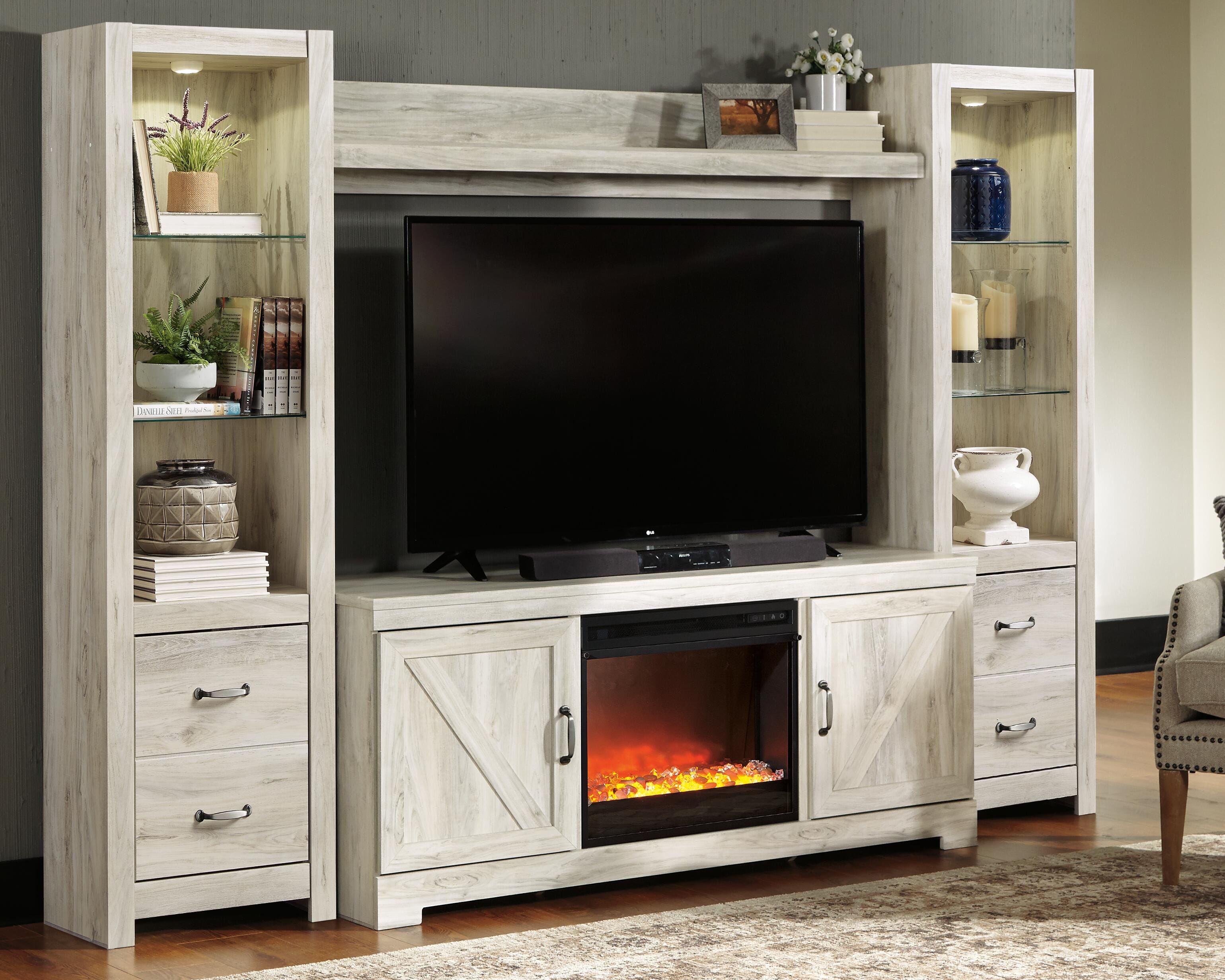 Dar Furniture - Ashley Furniture - Bellaby 4-Piece Entertainment Center with Fireplace - 4-Piece Entertainment Center with Fireplace / Whitewash - W331W5