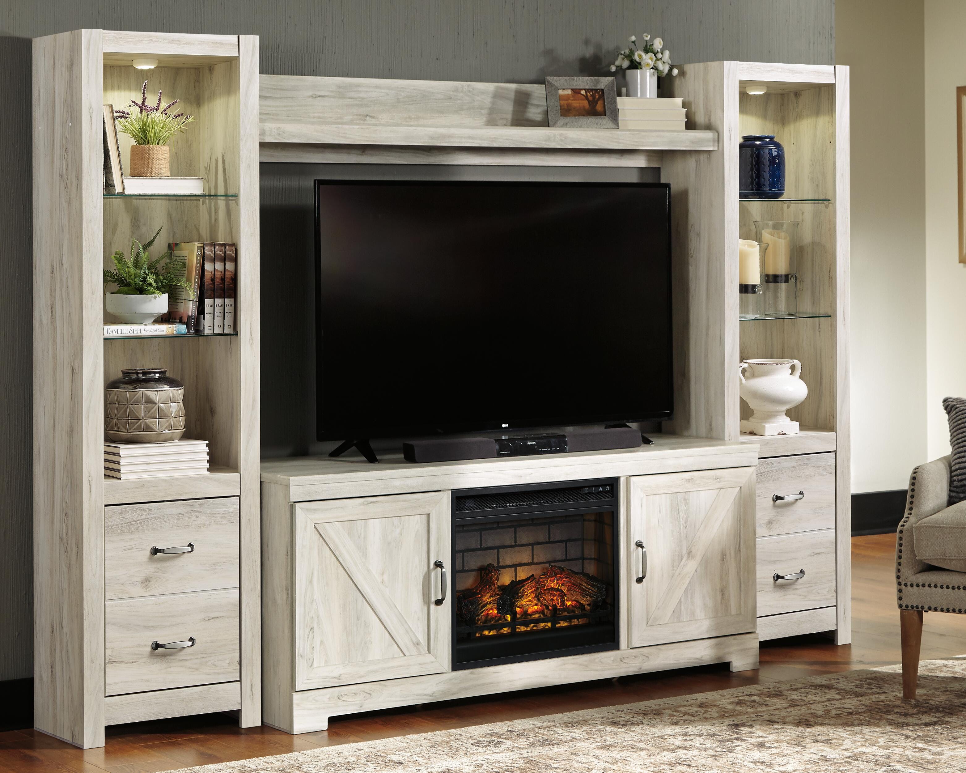 Dar Furniture - Ashley Furniture - Bellaby 4-Piece Entertainment Center with Electric Fireplace - 4-Piece Entertainment Center with Electric Fireplace / Whitewash - W331W8