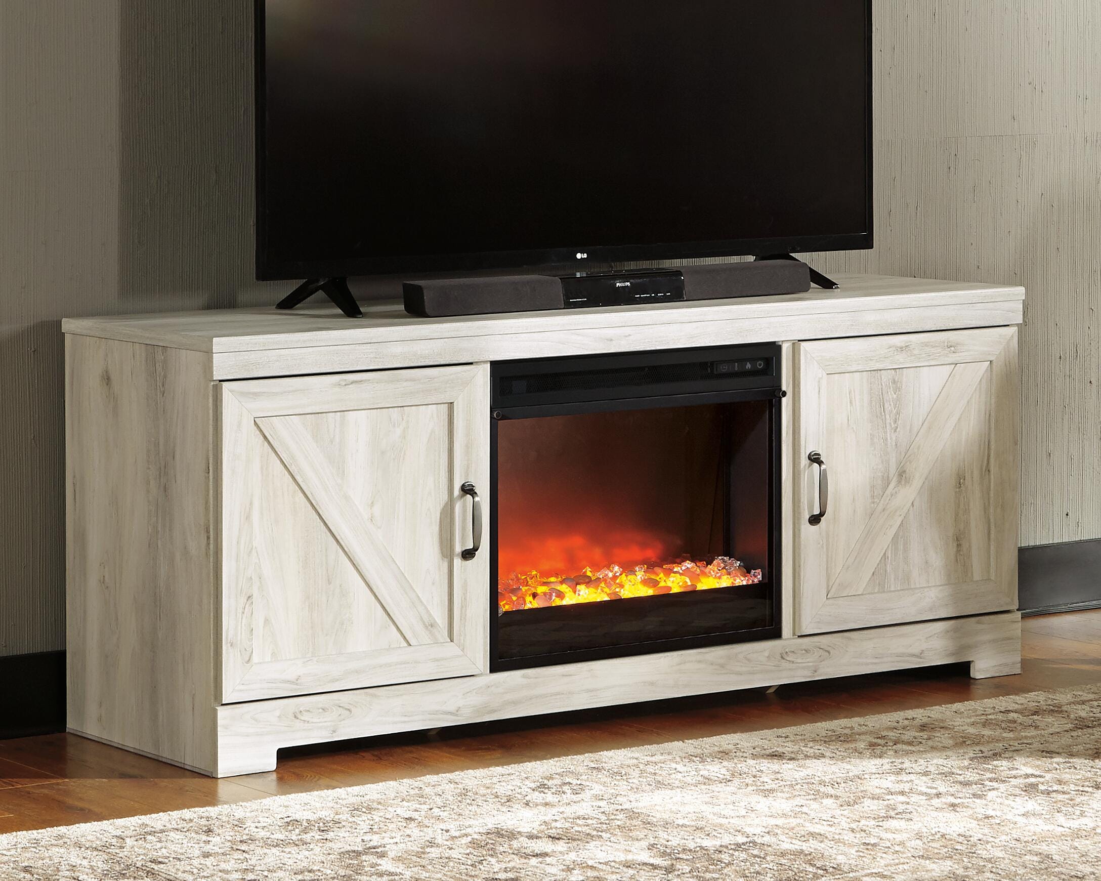 Dar Furniture - Ashley Furniture - Bellaby 63" TV Stand with Fireplace - 63" TV Stand with Fireplace / Whitewash - W331W4