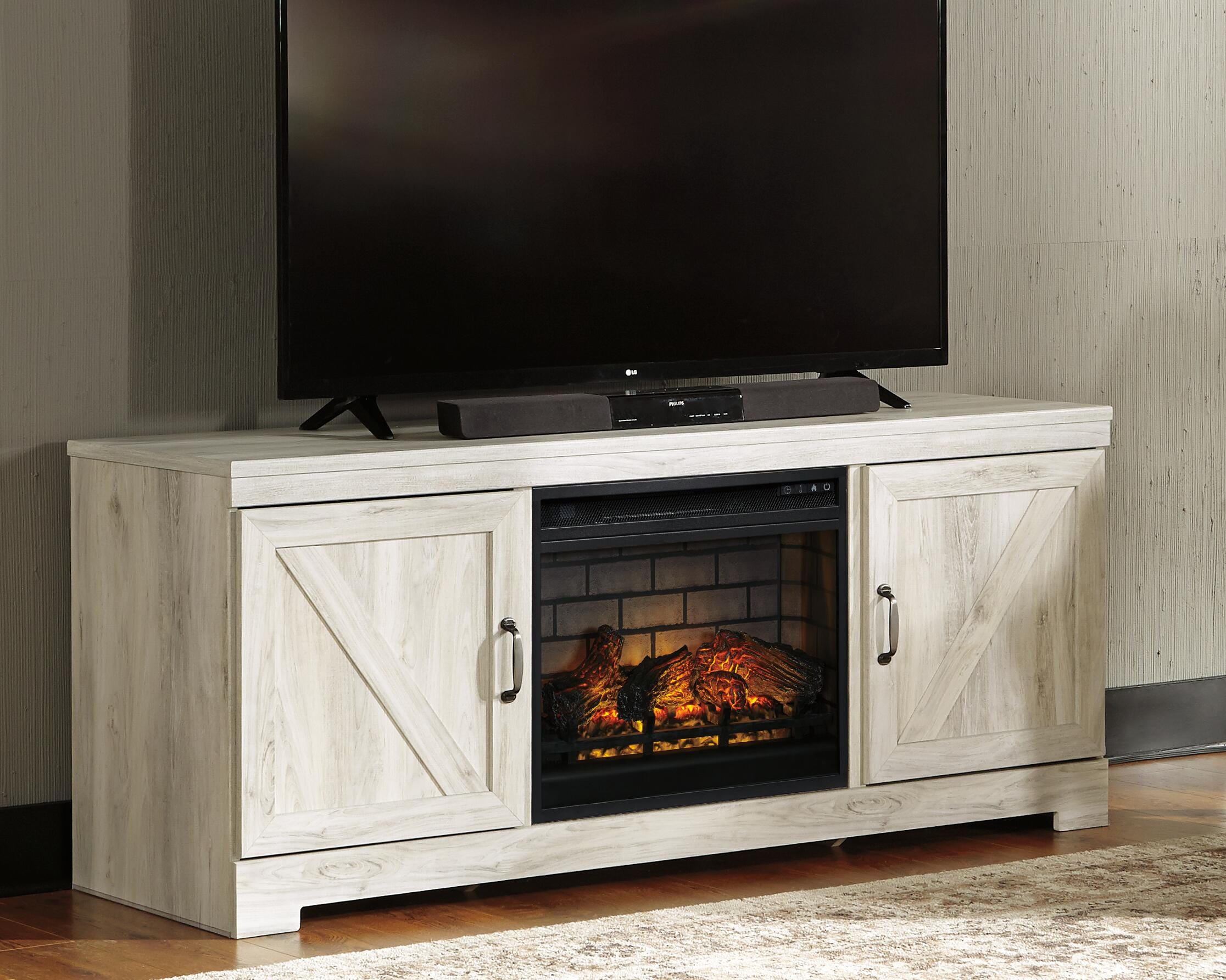Dar Furniture - Ashley Furniture - Bellaby 63" TV Stand with Electric Fireplace - 63" TV Stand with Electric Fireplace / Whitewash - W331W9