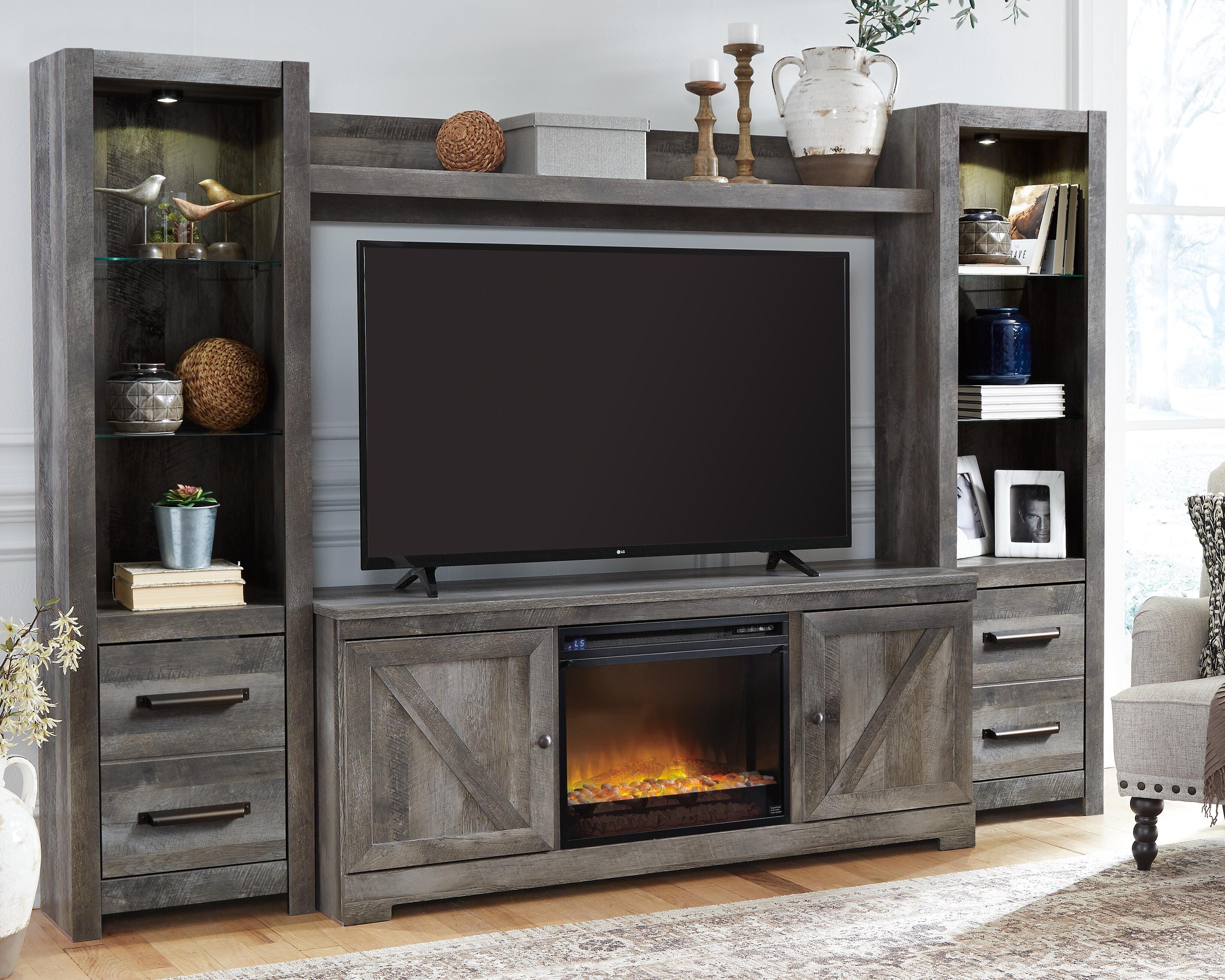 Dar Furniture - Ashley Furniture - Wynnlow 4-Piece Entertainment Center with Electric Fireplace - 4-Piece Entertainment Center with Electric Fireplace / Gray - W440W5