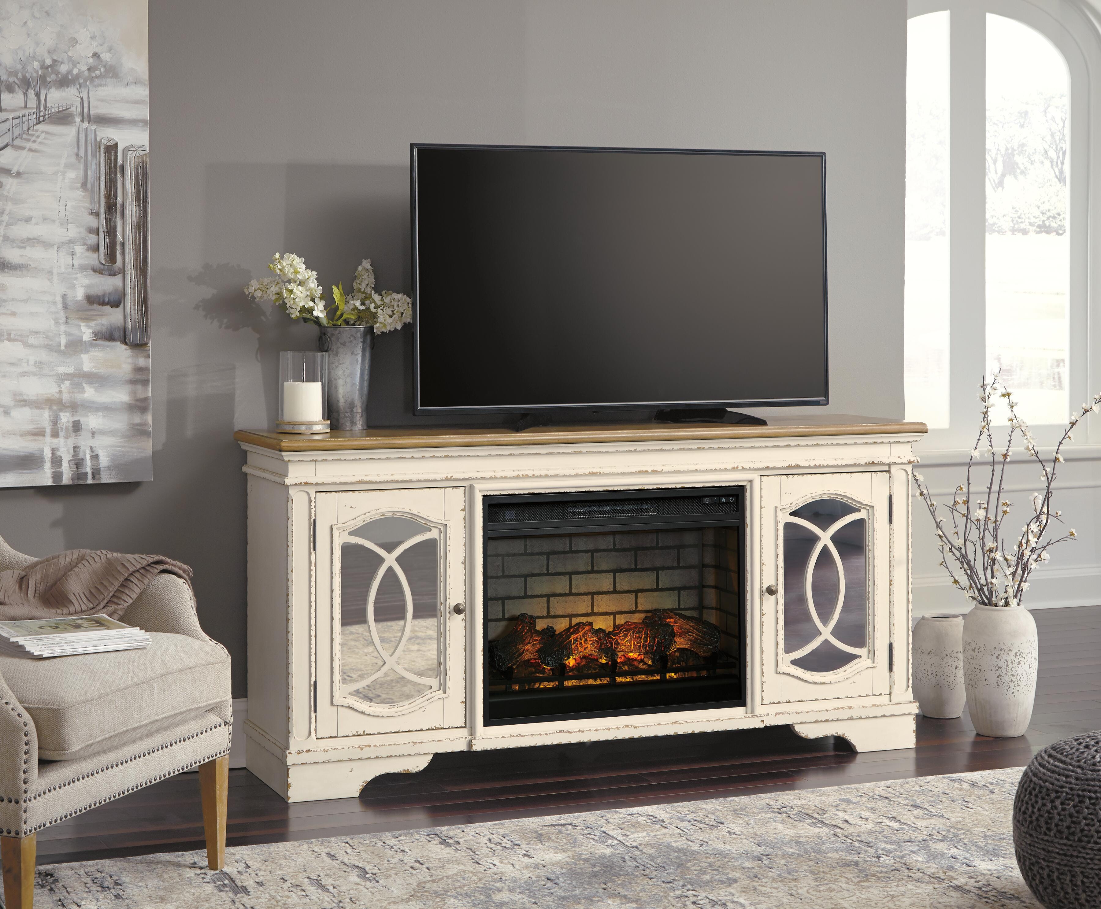 Dar Furniture - Ashley Furniture - Realyn 74" TV Stand with Electric Fireplace - 74" TV Stand with Electric Fireplace / Chipped White - W743W2