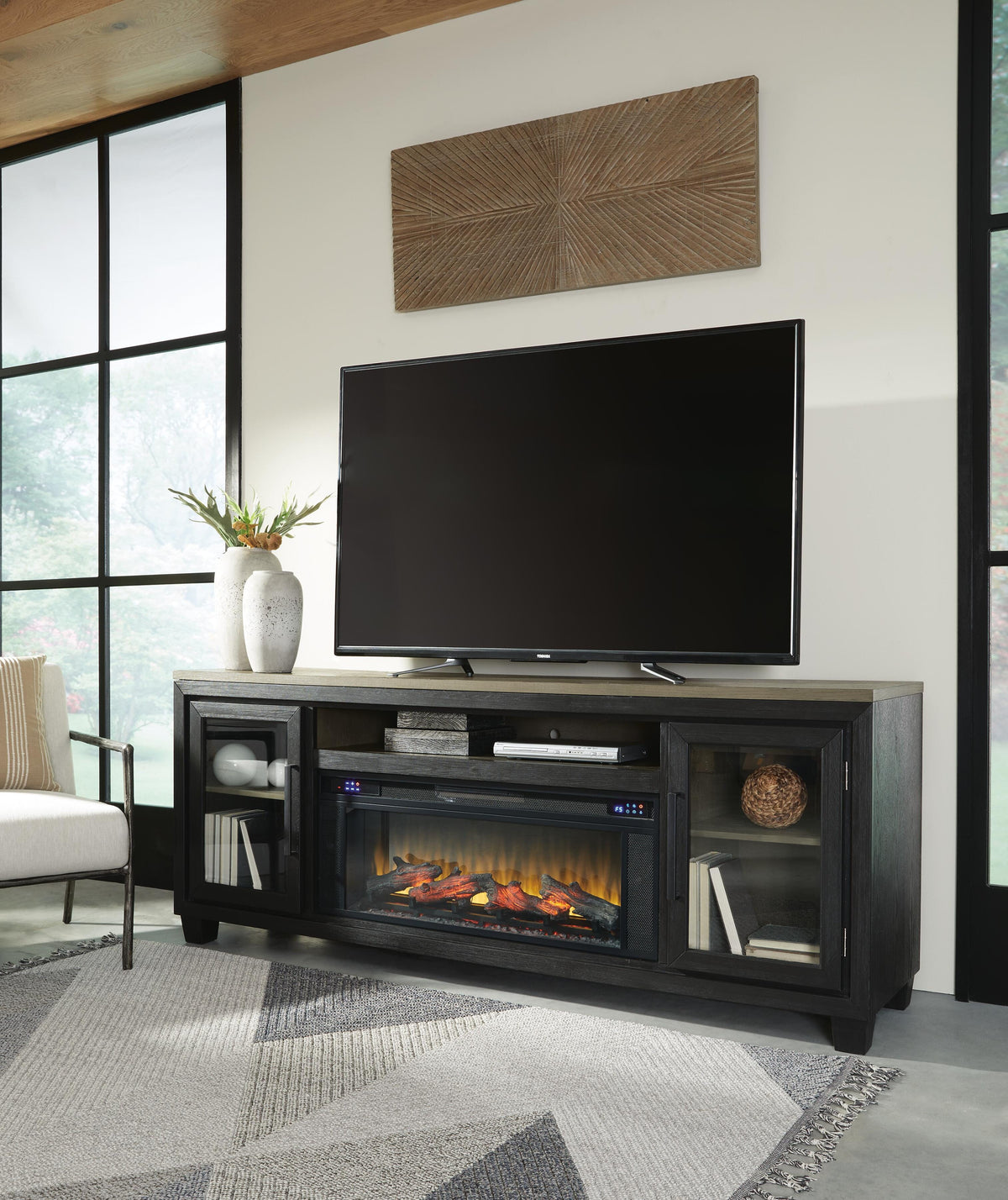 Dar Furniture - Ashley Furniture - Foyland 83" TV Stand with Electric Fireplace - 83" TV Stand with Electric Fireplace / Black/Brown - W989W1